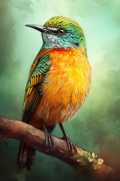 Una pintura de un pájaro con plumas verdes y amarillas.