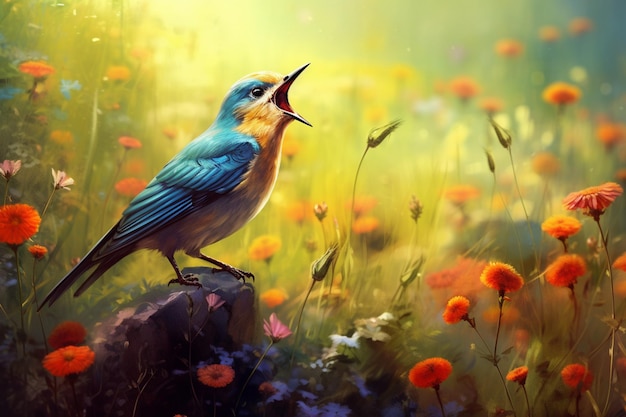 pintura de un pájaro posado en una piedra en un campo de flores