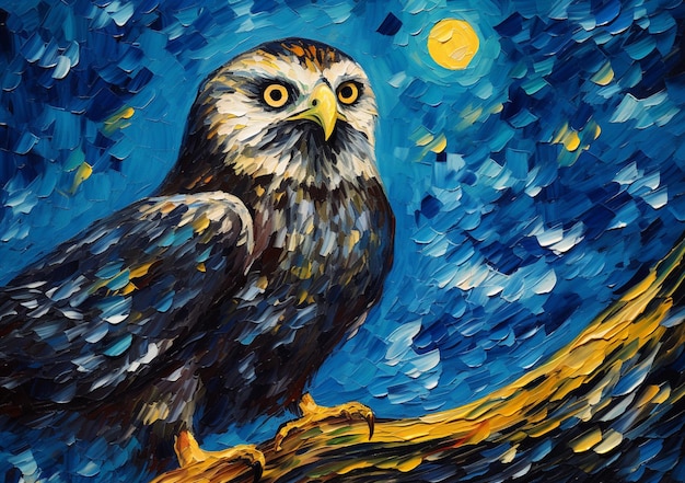 pintura de un pájaro posado en una rama con una luna llena en el fondo generativo ai