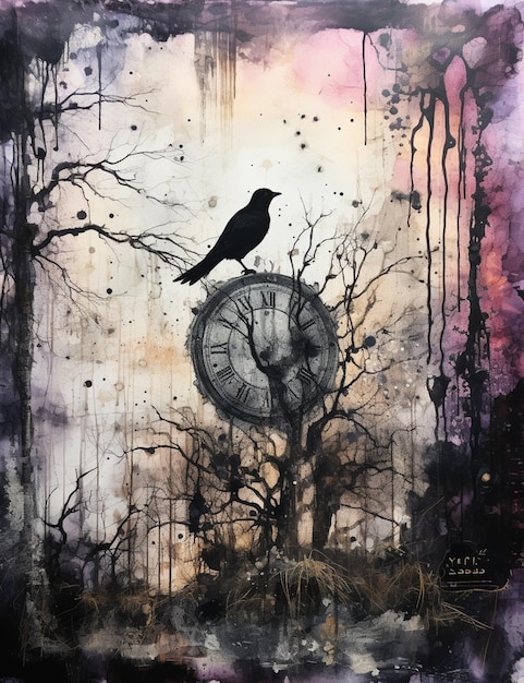 pintura de un pájaro posado en un reloj en un árbol ai generativo
