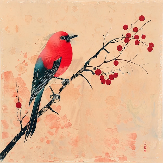 una pintura de un pájaro en una rama con bayas rojas
