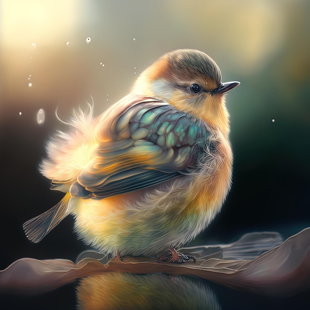 Una pintura de un pájaro con un reflejo de la parte de atrás