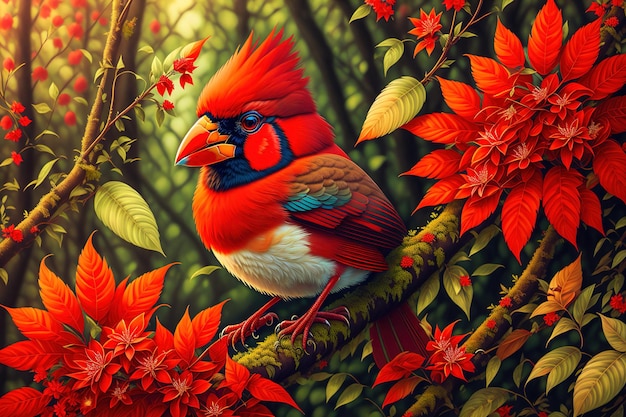 Una pintura de un pájaro rojo con plumas azules y una cabeza roja.