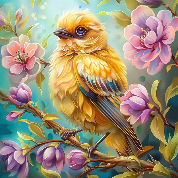 pintura de un pájaro sentado en una rama con flores generativo ai