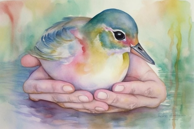Una pintura de un pájaro verde azulado con alas en las manos de una persona.