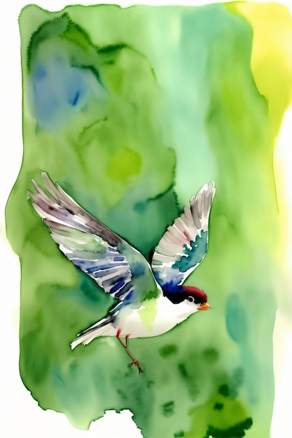 Una pintura de un pájaro volando por el aire.