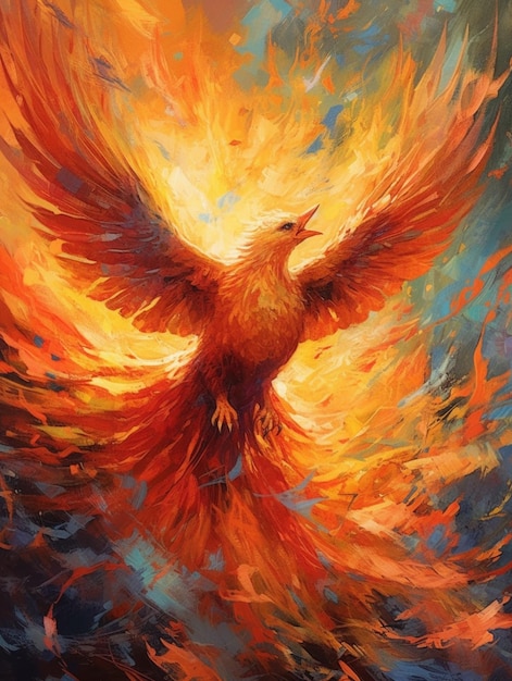 Pintura de un pájaro volando en el cielo con un fondo naranja brillante y amarillo generativo ai