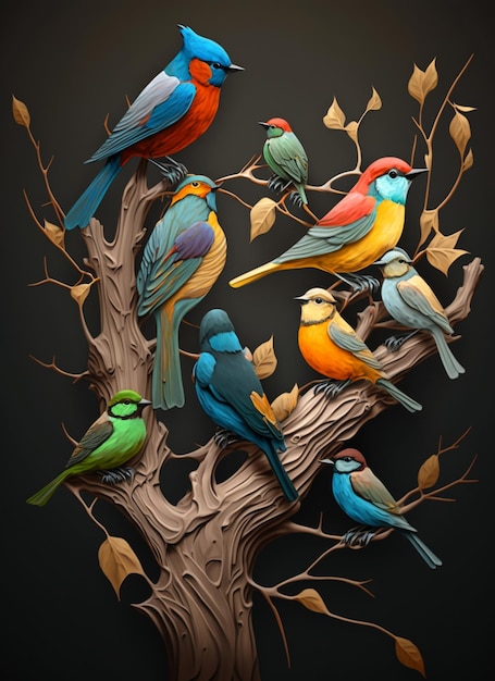 Una pintura de pájaros en un árbol con hojas.