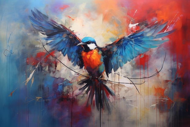 Una pintura de pájaros con azul y rojo en las alas