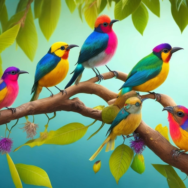 Foto una pintura de pájaros coloridos en una rama de un árbol.