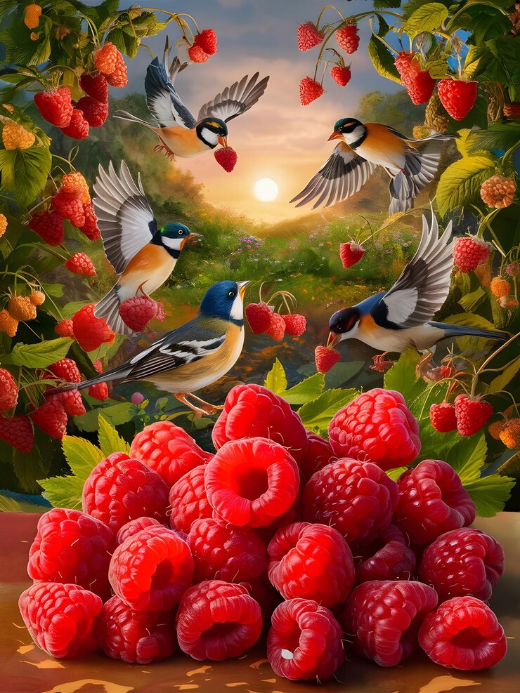 una pintura de pájaros y frambuesas con las palabras pájaros en la parte superior