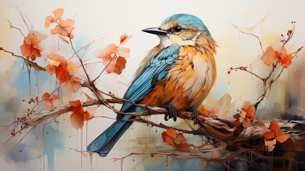 Pintura de pájaros muy detallada en ramas de pintura de velocidad azul y ámbar