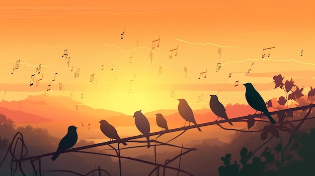 Una pintura de pájaros en una rama con notas musicales de fondo.