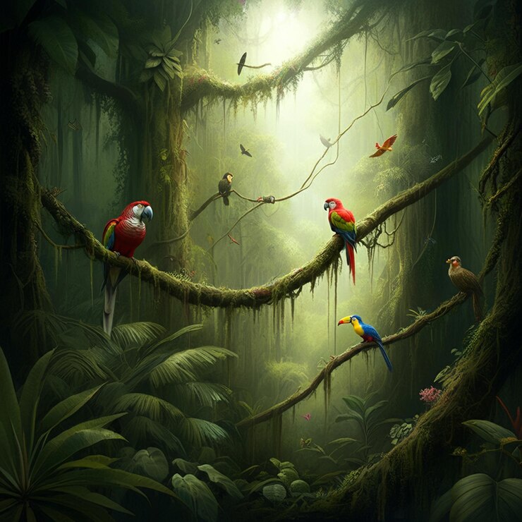 una pintura de pájaros en una selva con un fondo forestal