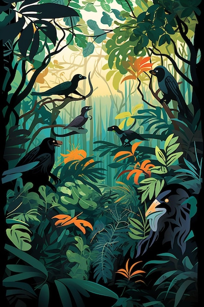 una pintura de pájaros en la selva por persona