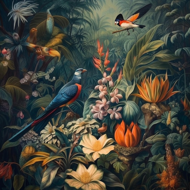 Una pintura de pájaros en una selva tropical con flores y hojas.
