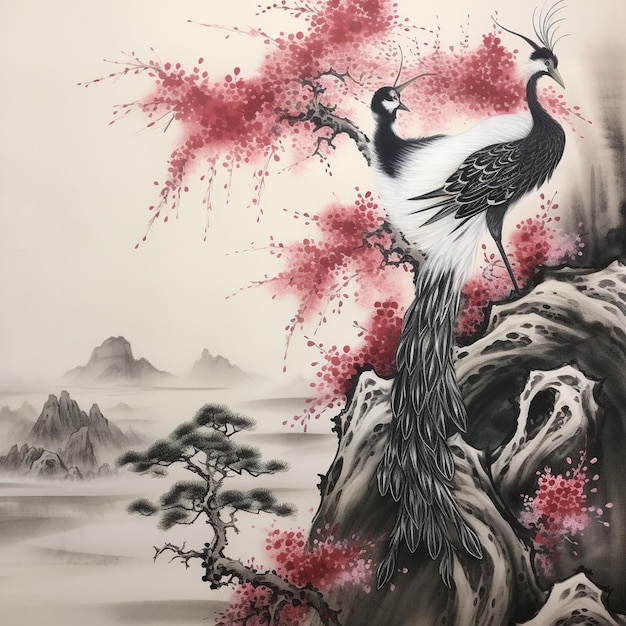 Pintura de pájaros con tinta japonesa