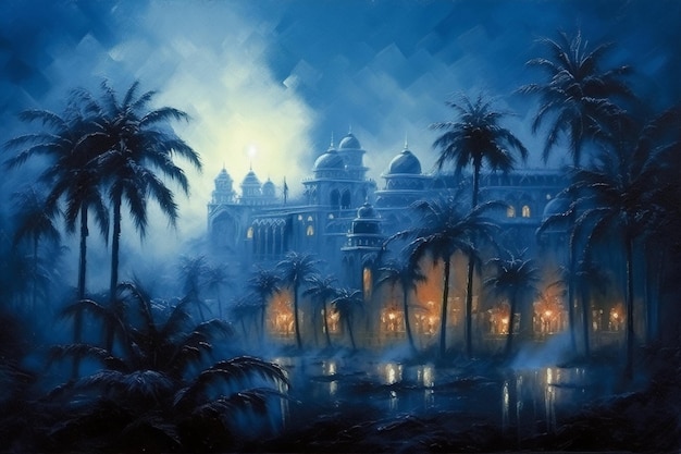 Pintura de un palacio con palmeras y un lago en primer plano generativo ai