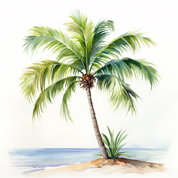 Foto pintura de una palmera en una playa con un océano azul en el fondo generativo ai