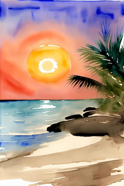 Una pintura de una palmera en una playa.