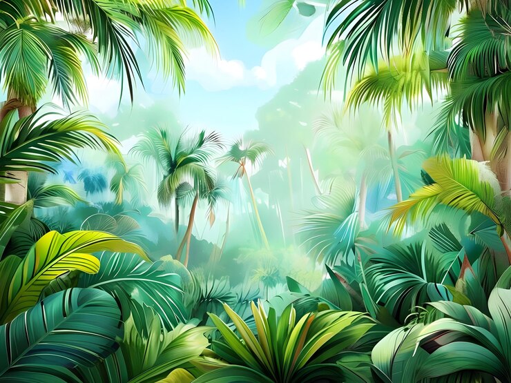 una pintura de palmeras y el cielo con el sol brillando a través de ellas