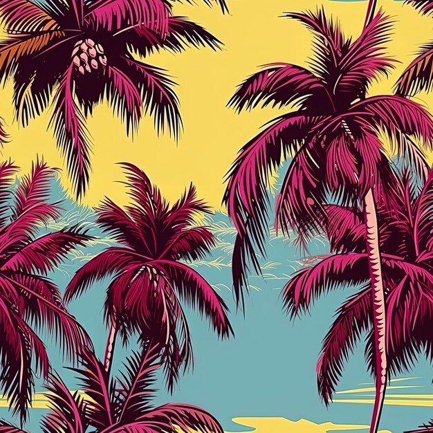 una pintura de palmeras con un fondo amarillo con una playa en el fondo