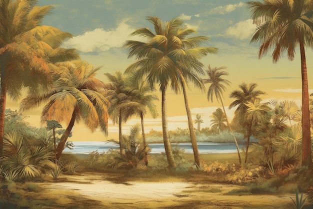 Una pintura de palmeras con el sol poniéndose detrás de ellas.