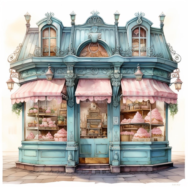 Pintura de una panadería con fachada azul y toldos rosas ai generativo