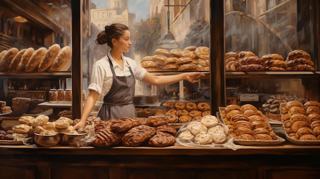 Una pintura de una panadería llena de mucho pan