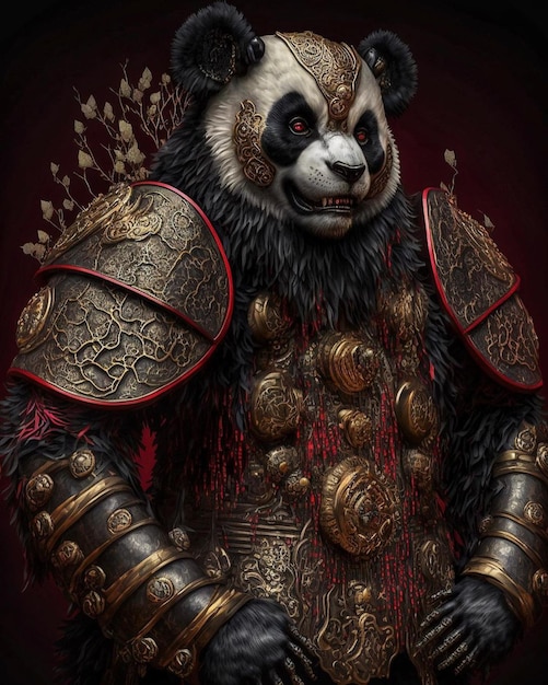 Una pintura de un panda con armadura.