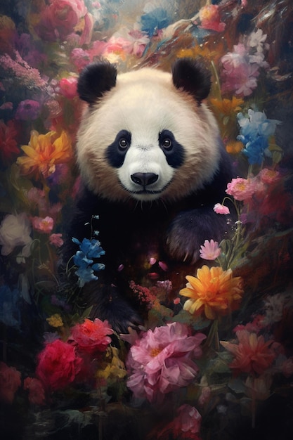 Una pintura de un panda en un campo de flores.