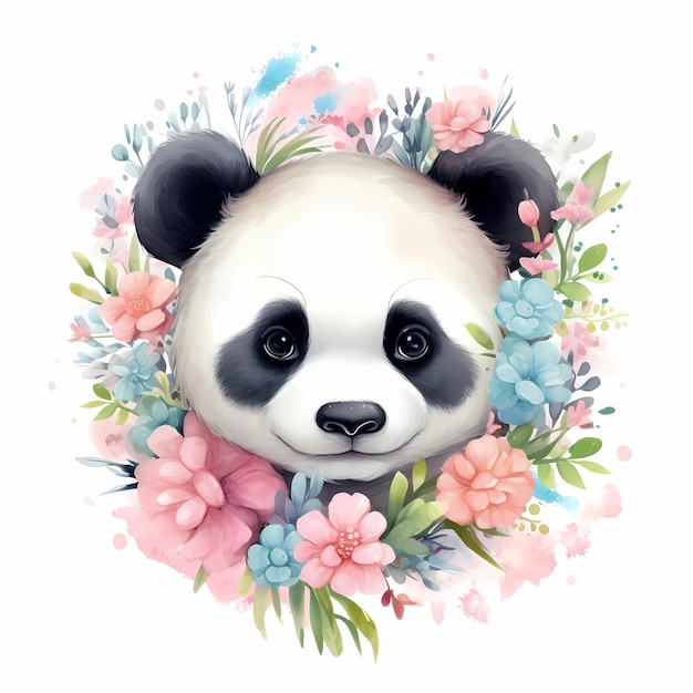 una pintura de un panda con flores y pandas.