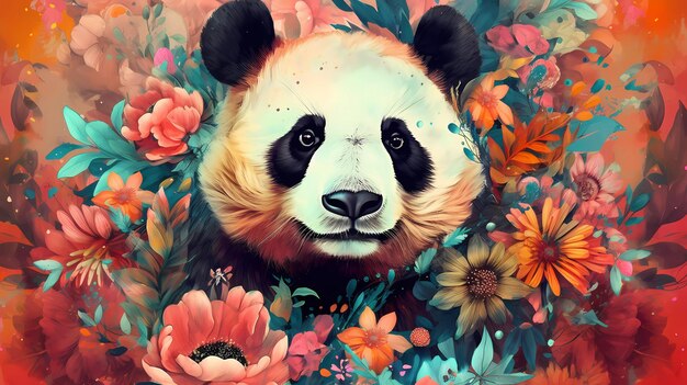 Una pintura de un panda en flores.