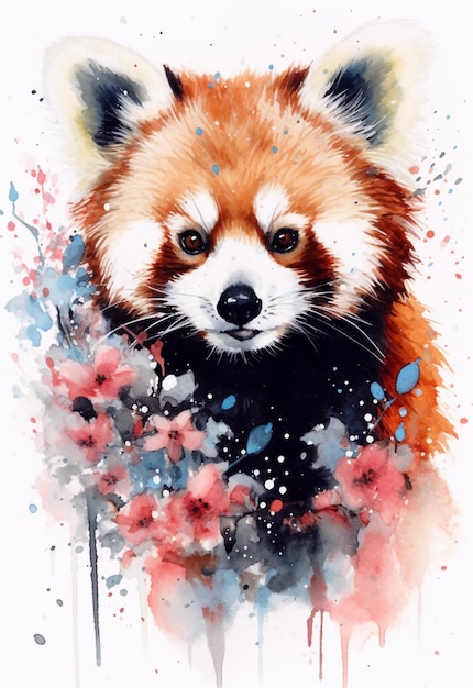 Pintura de un panda rojo con un fondo salpicado