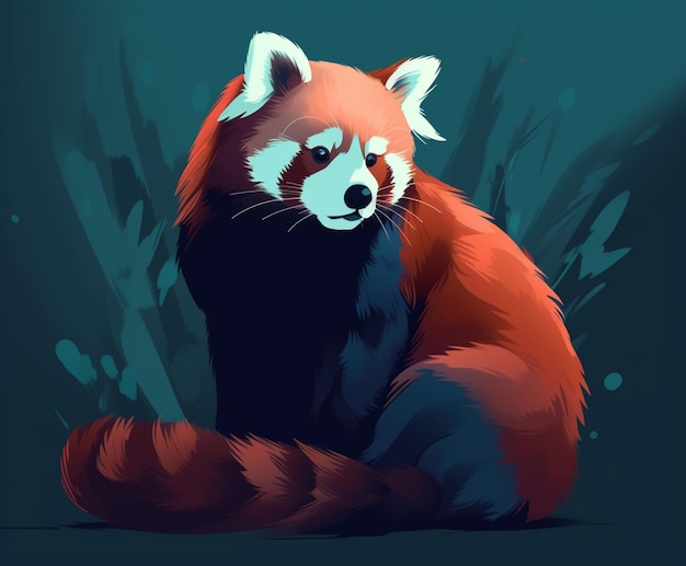 Una pintura de un panda rojo sentado sobre un fondo azul.