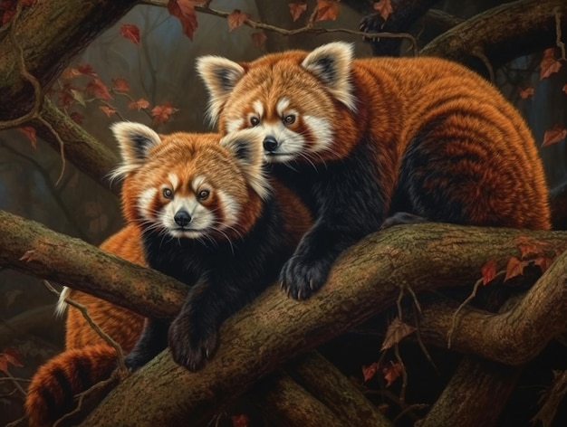 Una pintura de un panda rojo y su cachorro.