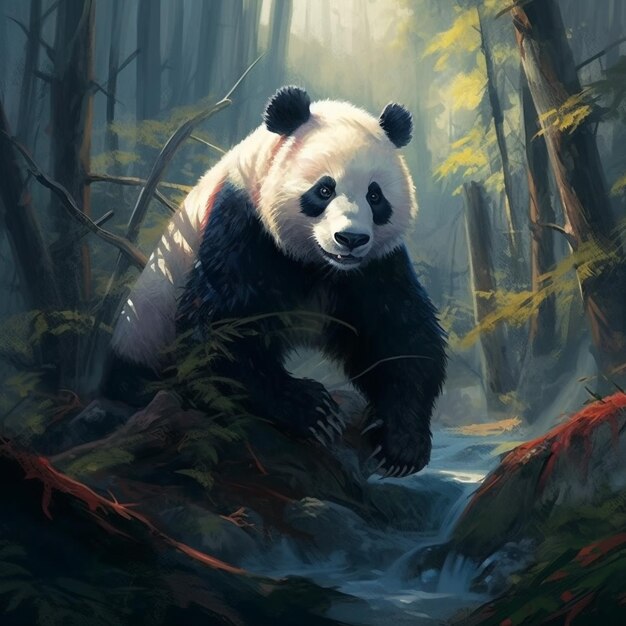 una pintura de un panda sentado en un bosque con árboles al fondo.