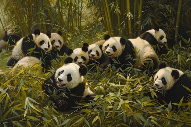 Una pintura de pandas en un bosque de bambú