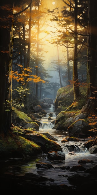Pintura panorâmica de riachos florestais com luz dourada e sombreamento de alto contraste