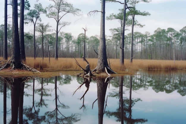 Una pintura de un pantano con un árbol en primer plano y un reflejo del cielo.
