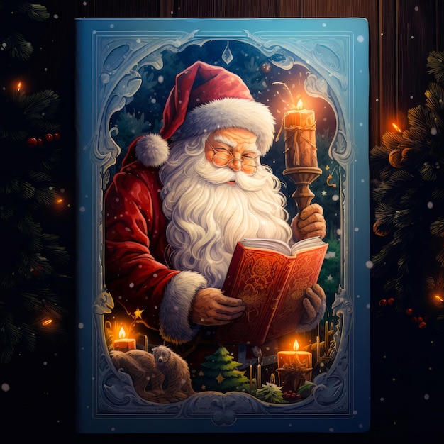 pintura de un papá Noel leyendo un libro con una vela en la mano y un árbol de Navidad en el fondo