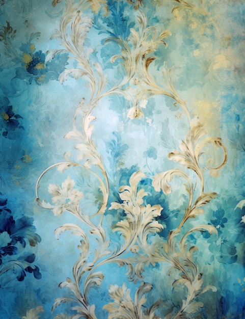 Pintura de un papel tapiz floral azul y dorado con una flor blanca generativa ai