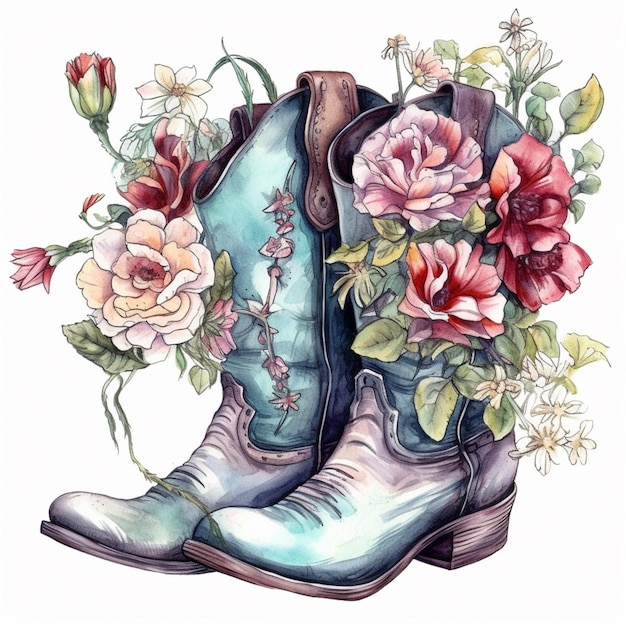 Una pintura de un par de botas de vaquero con flores en ellas ai generativo