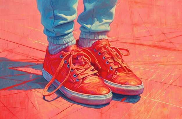 Una pintura de un par de zapatos rojos con la palabra "en él"