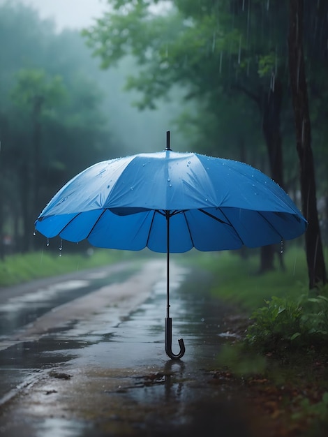 Una pintura de un paraguas azul en la lluvia con la naturaleza de una generación