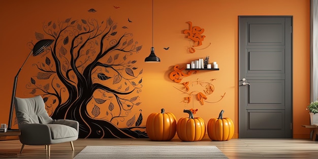 Foto una pintura de un parche de calabaza con un árbol y una pared de calabazas