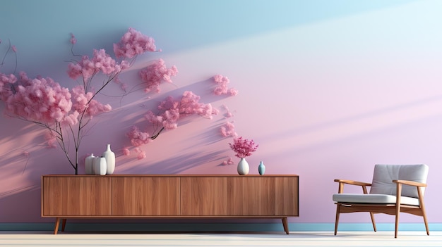 una pintura de una pared rosa con una mesa y una silla con un jarrón de flores en ella.