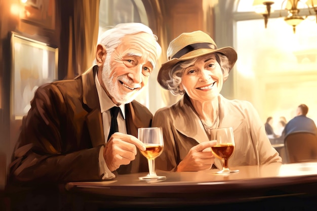 Pintura de una pareja de ancianos sosteniendo copas de vino Obra de arte que representa a un hombre y una mujer en conversación