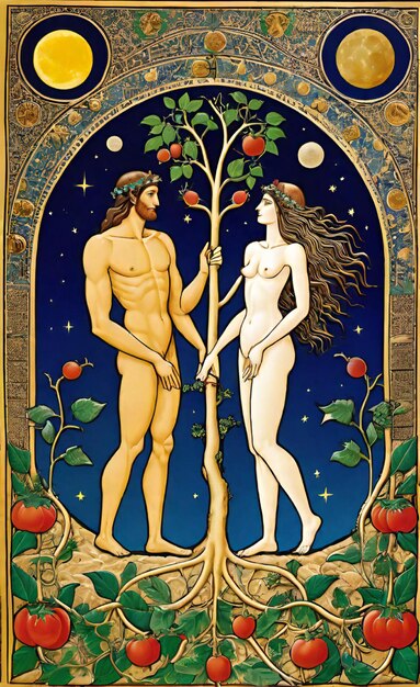 una pintura de una pareja y un árbol con las palabras hombres desnudos en él