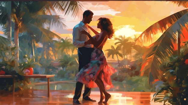 Foto una pintura de una pareja bailando en un entorno tropical ai generative